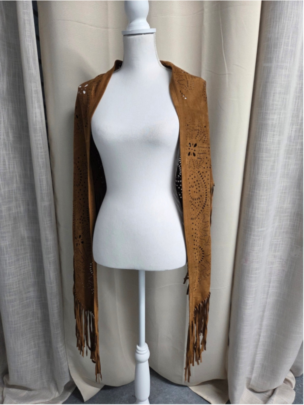 Paparazzi Brown Laser-Cut Faux Suede Fringe Vest Shaw Boho Festival Western